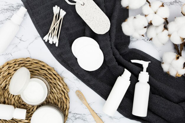 Flat lay of bath concept accessories