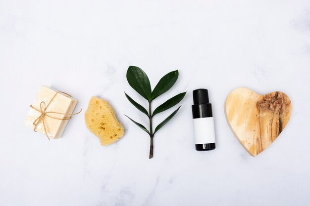 Flat lay bath concept on marble background