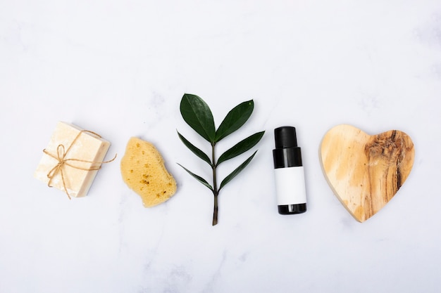 Flat lay bath concept on marble background