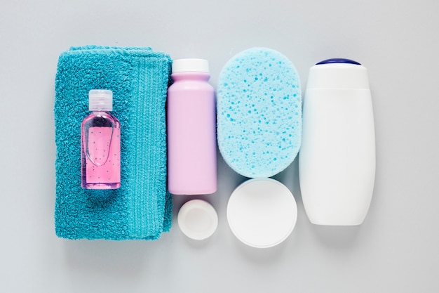 Flat lay of bath products arrangement