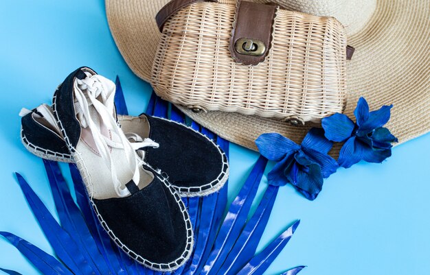 flat lay of beach women's accessories.