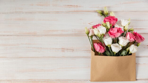 Flat lay beautiful spring flowers arrangement with copy space