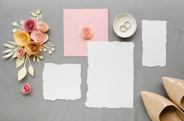 Flat lay beautiful wedding invitation