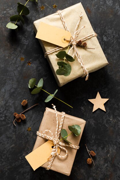 Flat lay beautiful wrapped gifts