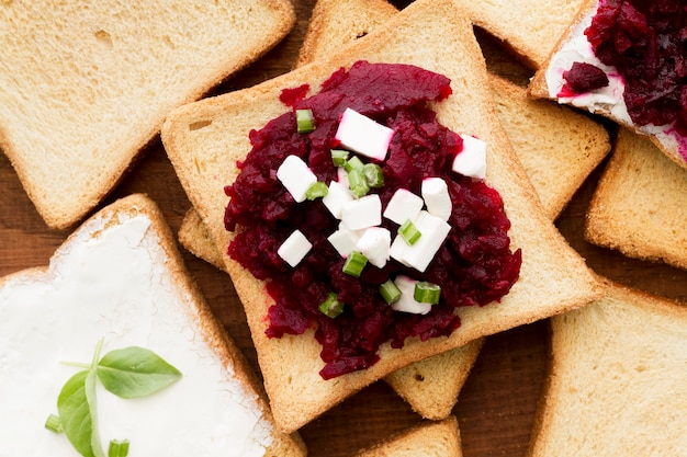 Flat lay beetroot and cheese sandwich