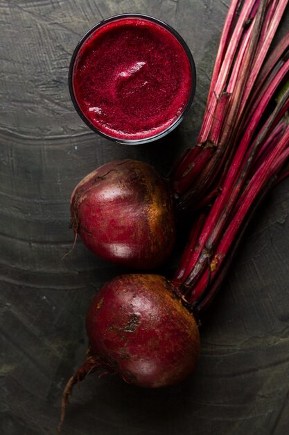 Flat lay beets with beet juice glass