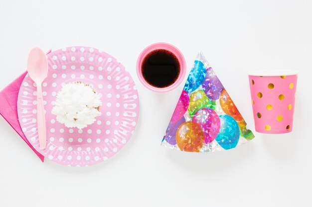 Flat lay birthday items on white background