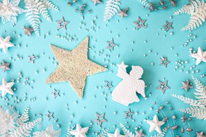 flat lay blue christmas background with decor details