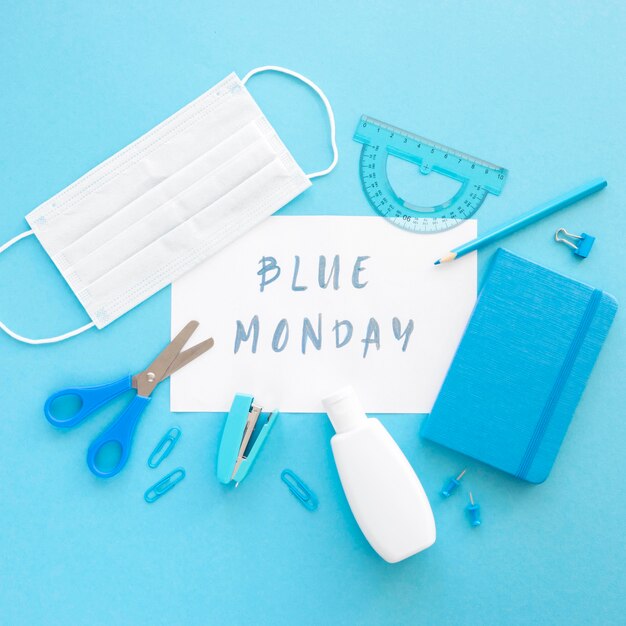 Flat lay of blue monday concept with copy space