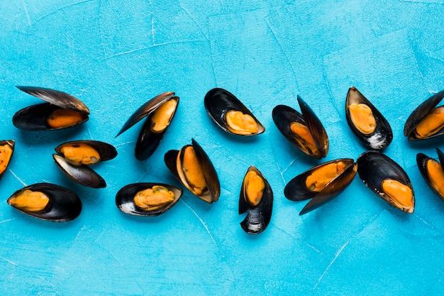 Flat-lay boiled mussels scattered on tabletop