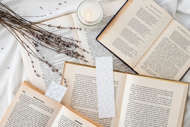 Free photo flat lay bookmark and books assortment