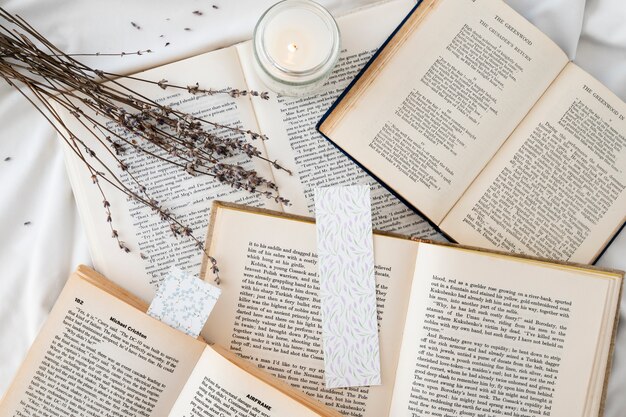 Free photo flat lay bookmark and books assortment