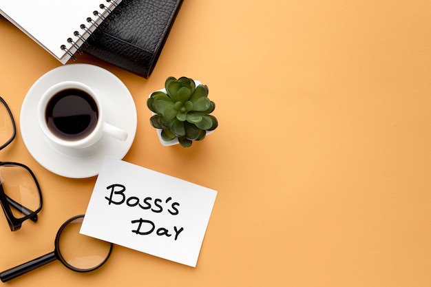 Free photo flat lay of boss day concept with copy space