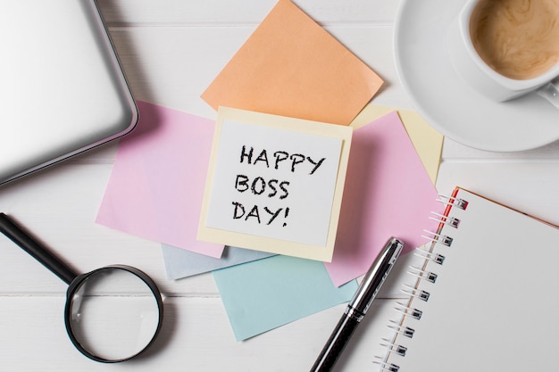 Flat lay boss's day assortment with sticky notes