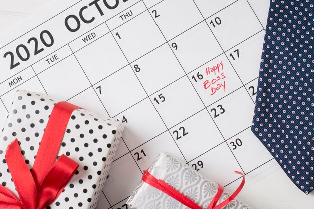 Flat lay boss's day date in calendar