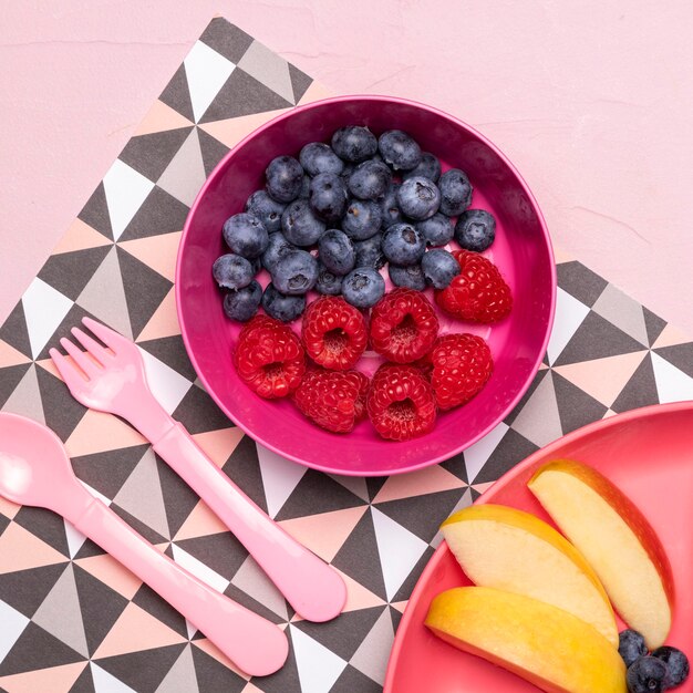 Free photo flat lay of bowl with blueberries and raspberries for baby food