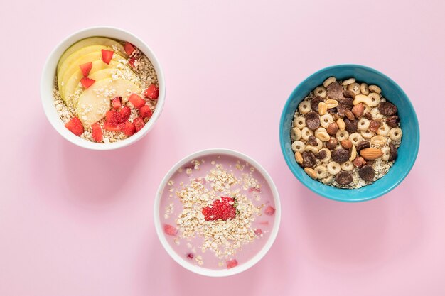 Flat lay bowl with cereals and fruits