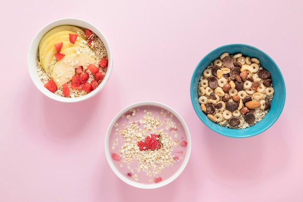 Flat lay bowl with cereals and fruits