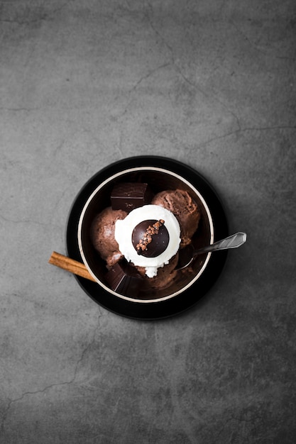 Free photo flat lay bowl with chocolate ice cream scoop