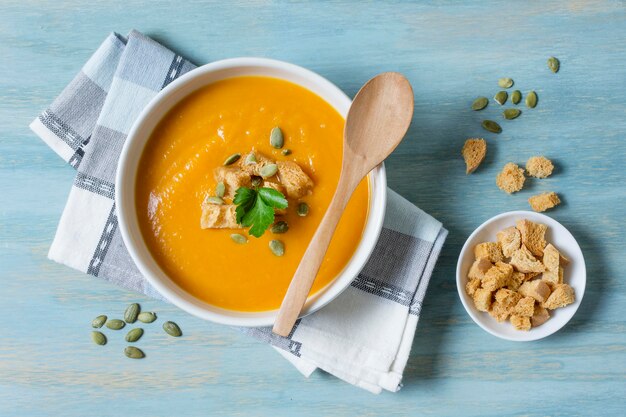 Flat lay bowl with cream soup