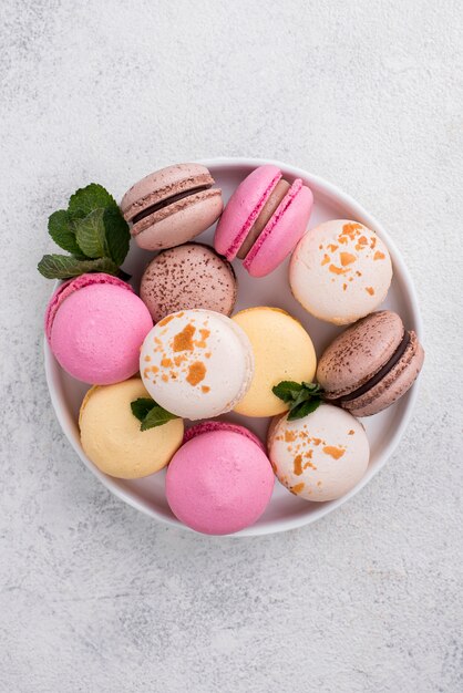 Flat lay of bowl with mint and macarons