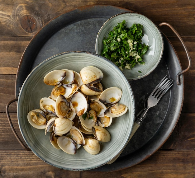 Flat lay bowl with shells arrangement