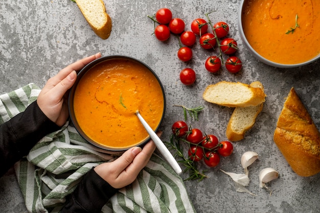 Flat lay bowls with food arrangement