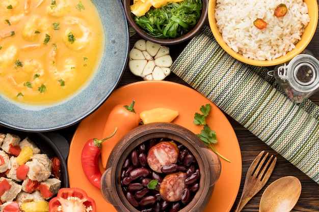 Flat lay brazilian food arrangement