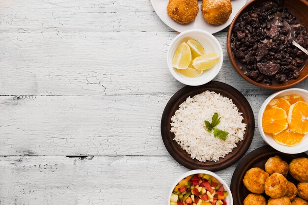 Flat lay brazilian food meals with copy space