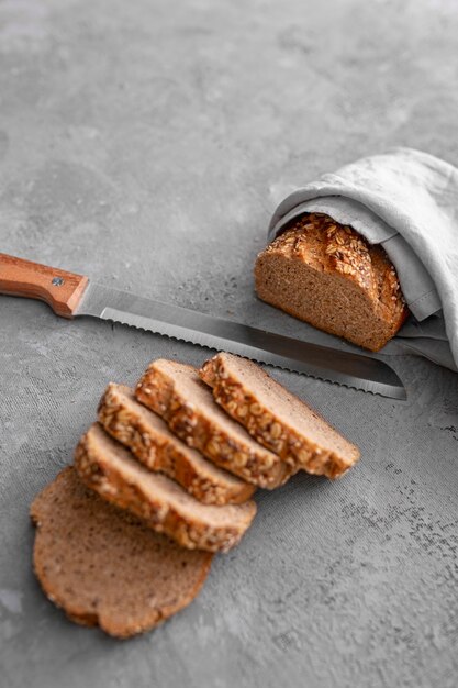 Flat lay bread slices with knife