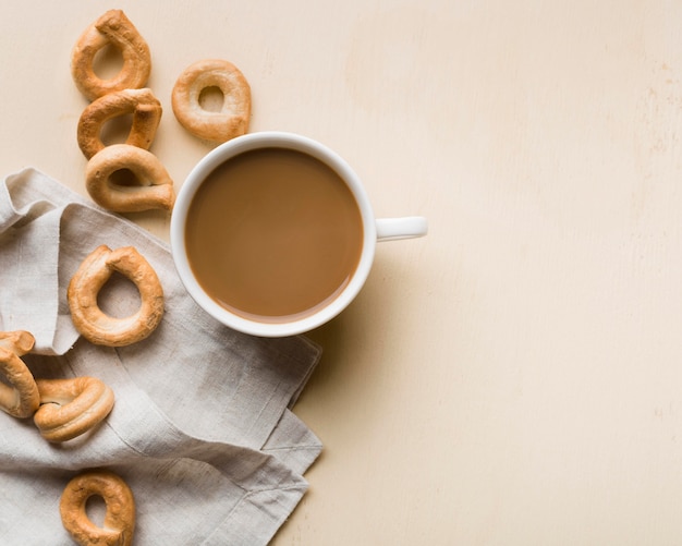 Flat lay breakfast assortment with coffee and pastries