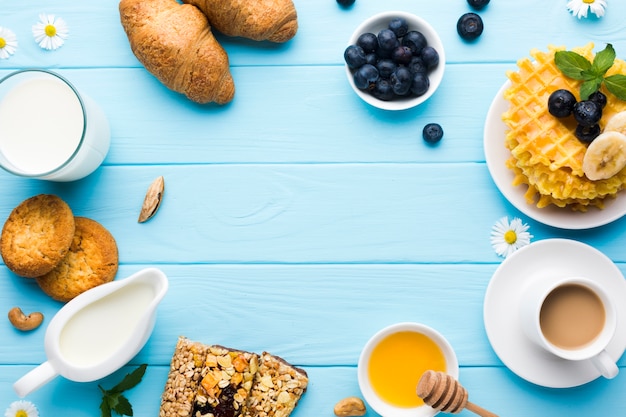 Flat lay breakfast table with copyspace