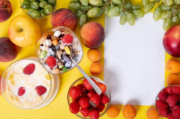 Flat lay breakfast with copy space in fruit frame