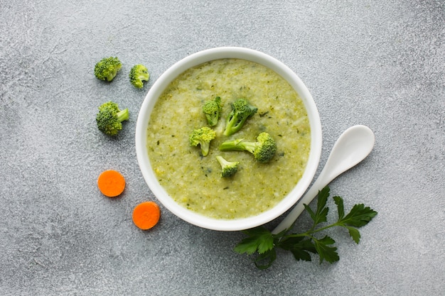 Flat lay broccoli and carrots bisque