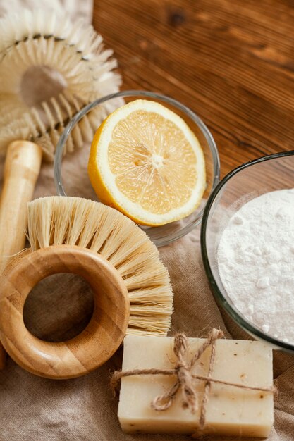 Flat lay  brushes and baking soda