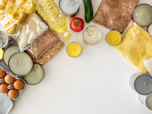 Flat lay of bunch of fresh provisions for donation