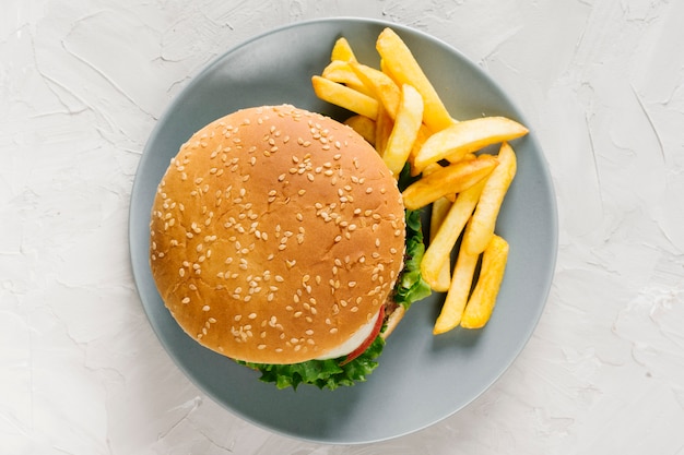 Flat-lay burger and fries on plate