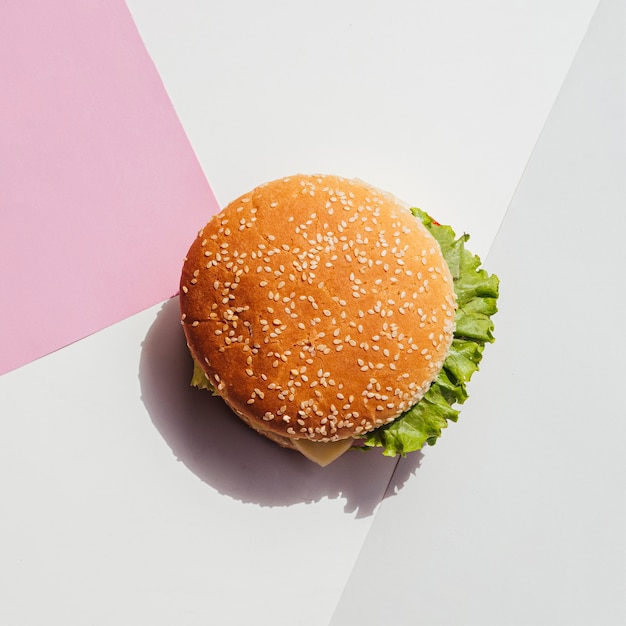 Flat lay of burger on simple background