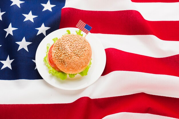 Flat lay of burger with american flag