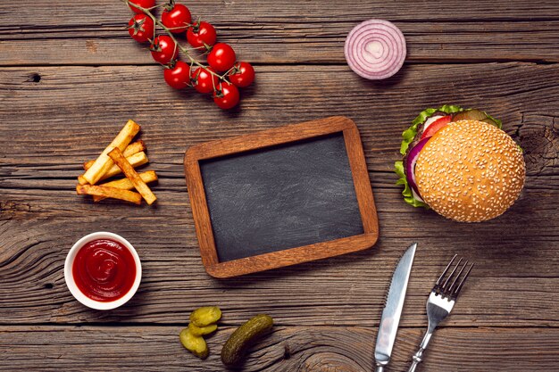 Flat lay burger with chalkboard