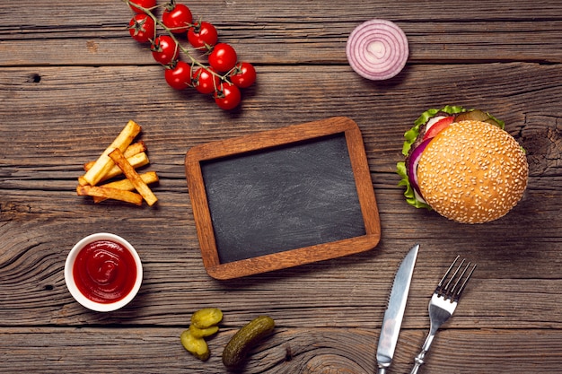 Flat lay burger with chalkboard