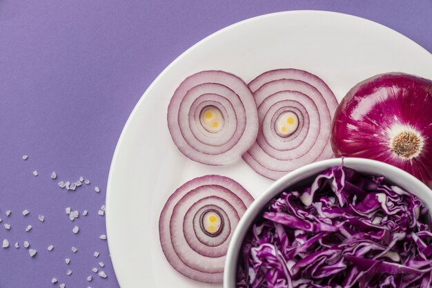 Flat lay of cabbage in bowl with onion on plate