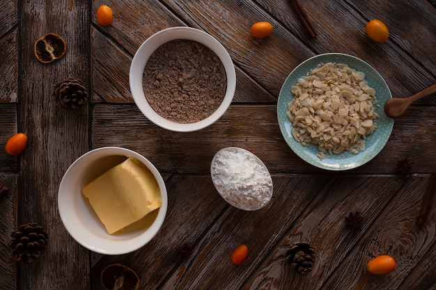 Flat lay of cake ingredients with butter