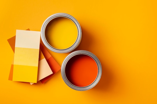 Free photo flat lay cans with orange and yellow paint