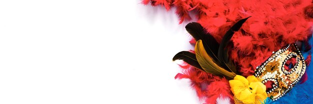 Flat lay of carnival mask with feathers and copy space