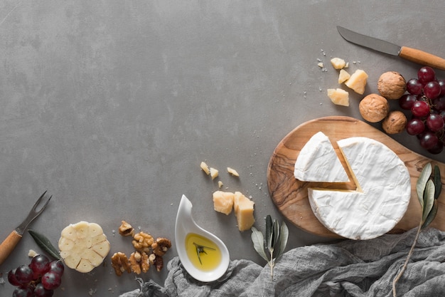 Flat lay cheese buffet with copy space