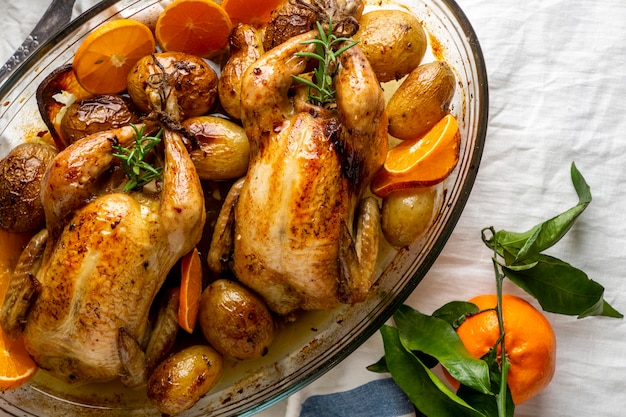 Flat lay chicken with potatoes and orange