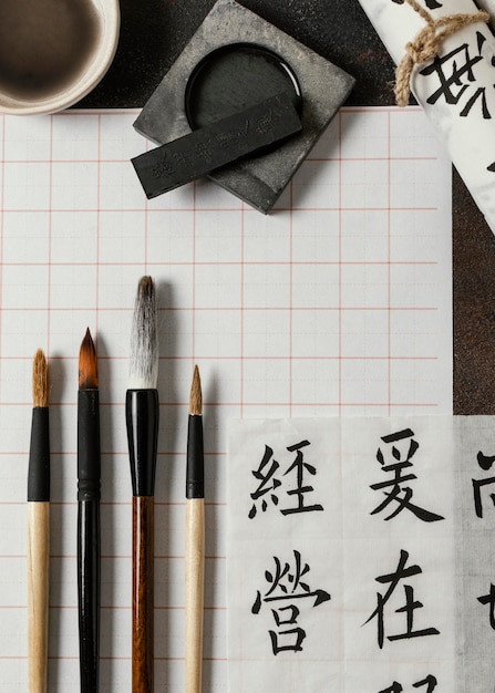 Flat lay chinese ink elements arrangement