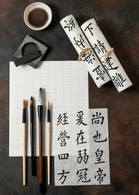 Flat lay chinese ink elements assortment