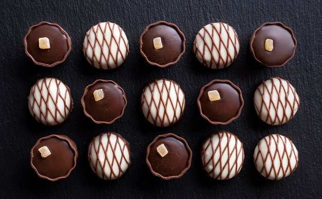 Flat lay of chocolate assortments of candy